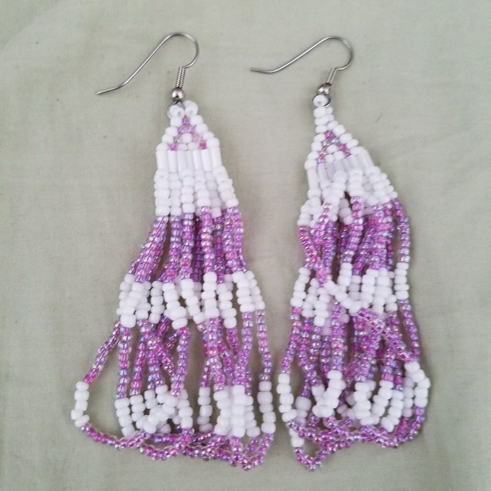 Hand Beaded Dangle Earrings White Lavender Beads Boho Handmade Jewelry